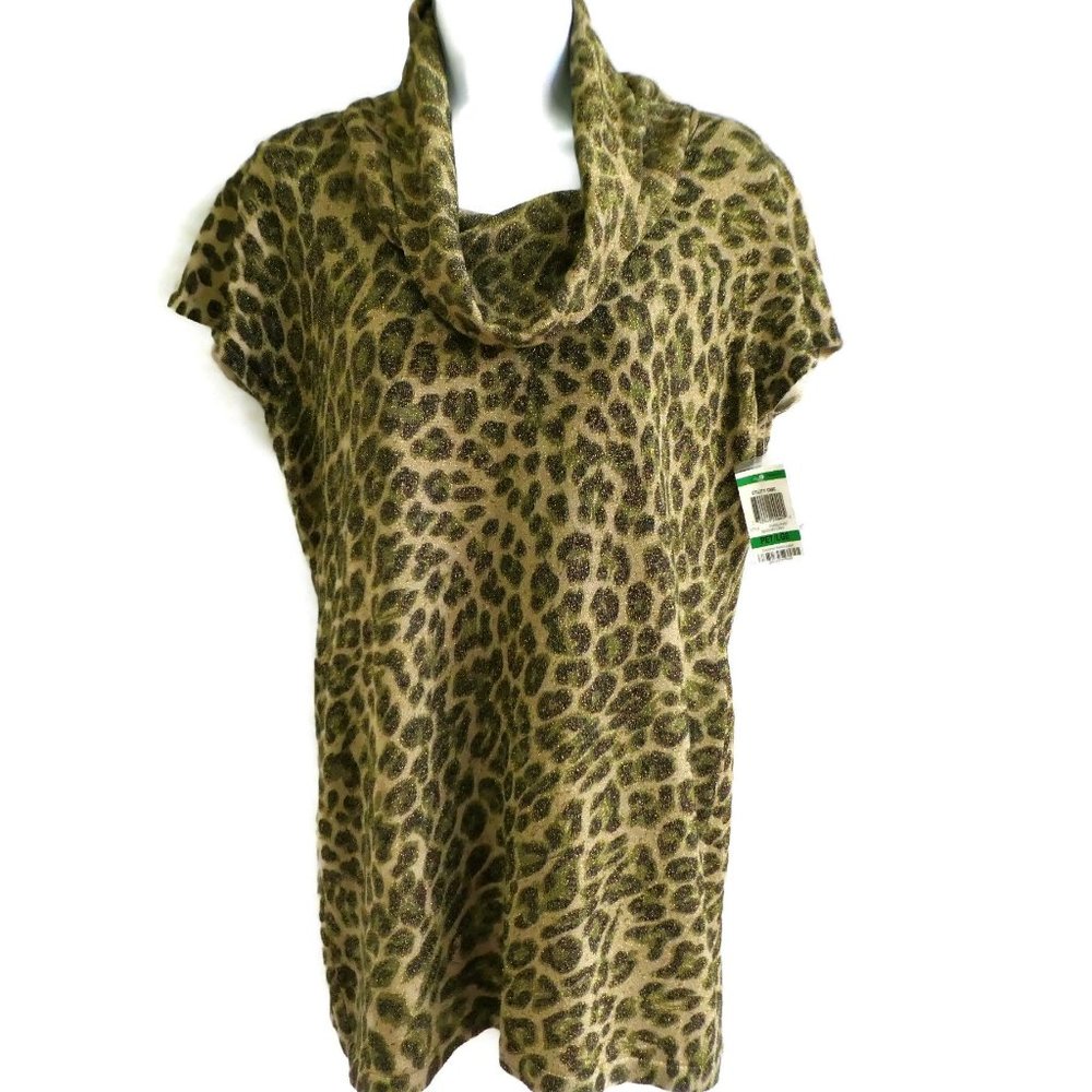 MeTaLLiC ANiMaL Inc Tunic Sweater Cowl Neck Chic Gold Lurex Stretchy Cheetah L